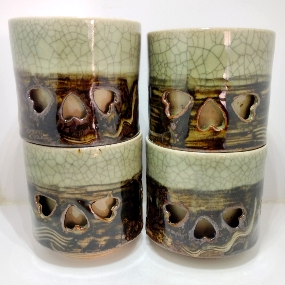 1940s Somayaki Double Wall Motif Tea Cups, Made in Japan Set Of 4